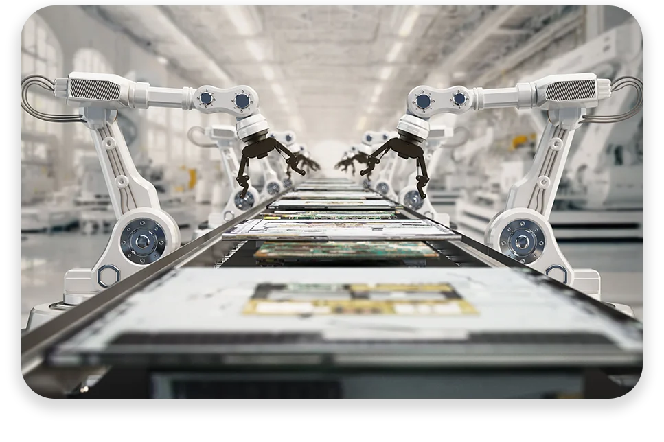 CPQ-Photo-with-two-patterns-three-modules2 An office with cool lighting and business coworkers sitting at a table in a meeting.