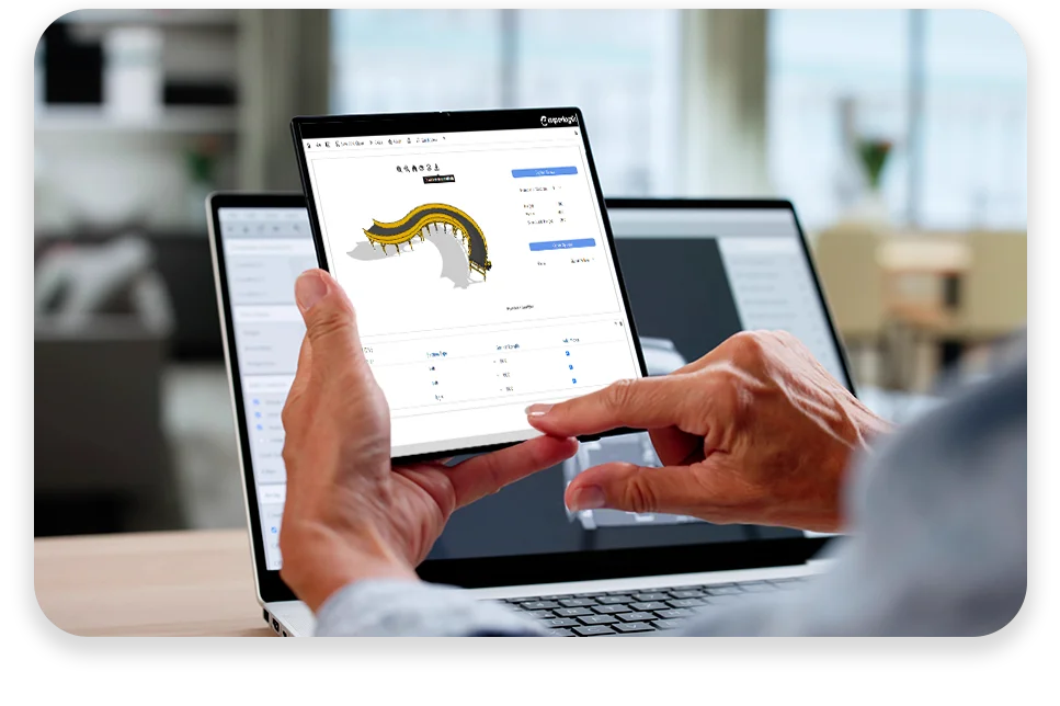 CPQ-Photo-with-two-patterns-three-modules2 An office with cool lighting and business coworkers sitting at a table in a meeting.