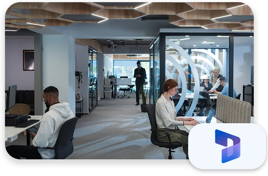 DA-Photo-with-two-patterns-three-modules1 A conference room with three businessmen collaborating and the text "Rude errors by 52%".