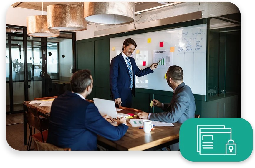 DA-Photo-with-two-patterns-three-modules1 A conference room with three businessmen collaborating and the text "Rude errors by 52%".