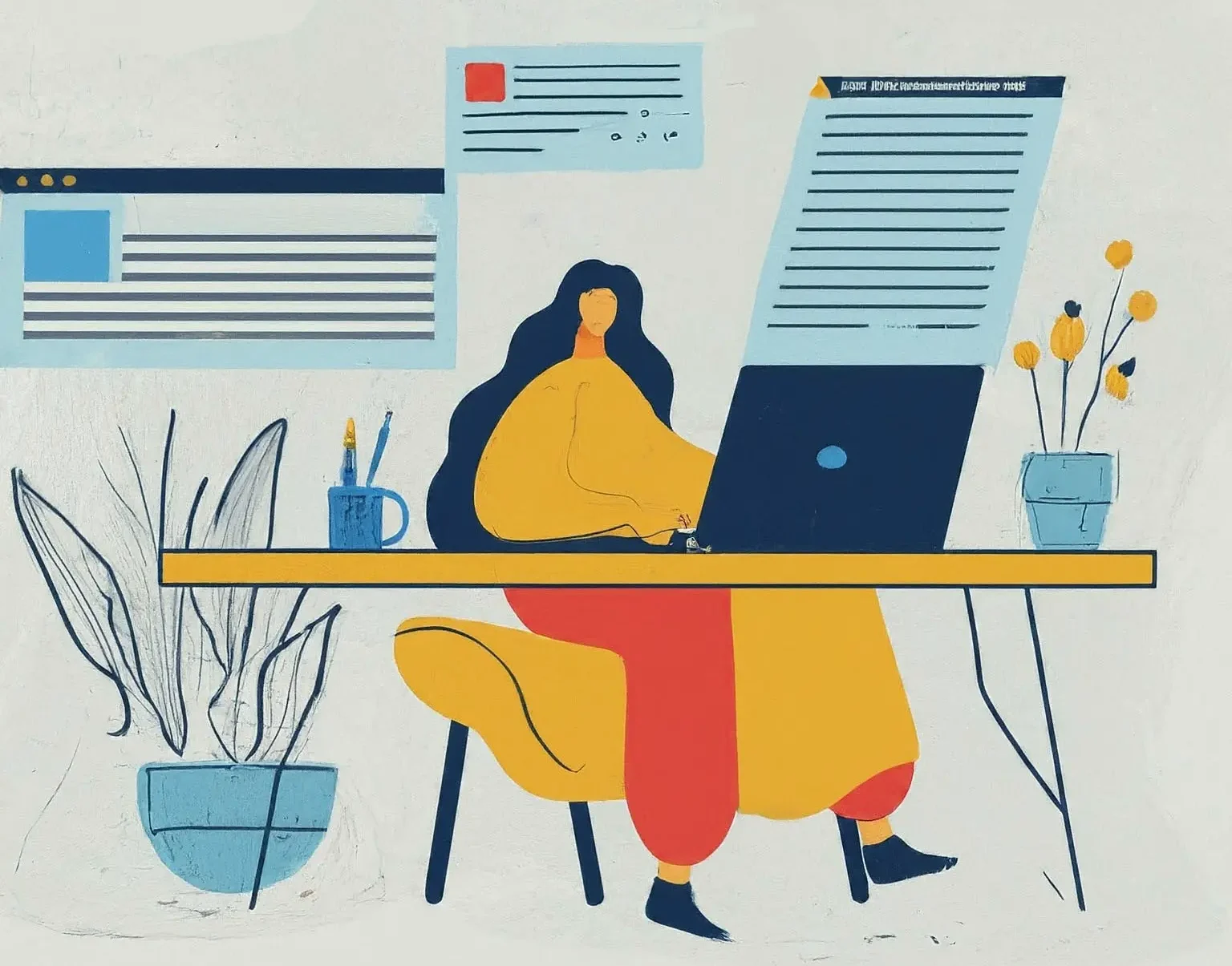 document-creation-software-e1717673769595 An illustrated woman working at a desk.